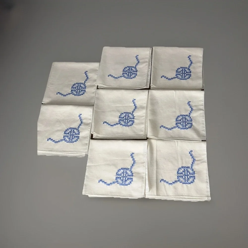 Vintage Hand Embroidered Linen Napkins Set 8 Blue Monogram Cross Stitch USA